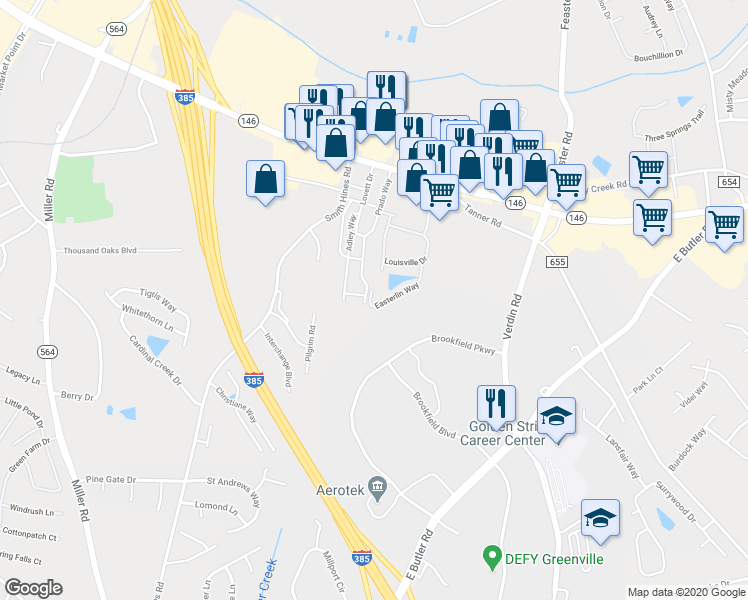 map of restaurants, bars, coffee shops, grocery stores, and more near 358 Easterlin Way in Greenville