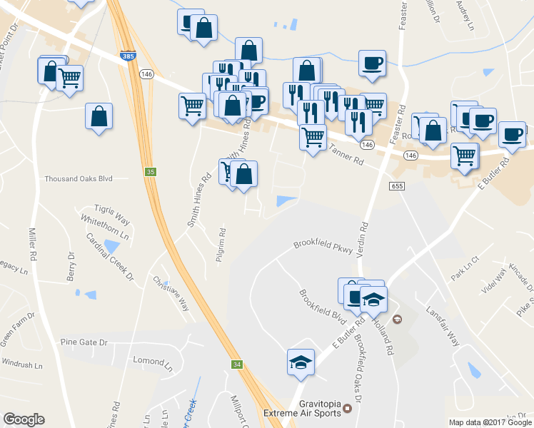 map of restaurants, bars, coffee shops, grocery stores, and more near 358 Easterlin Way in Greenville