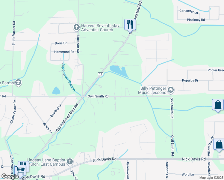 map of restaurants, bars, coffee shops, grocery stores, and more near 104 Pine Knoll Lane in Harvest
