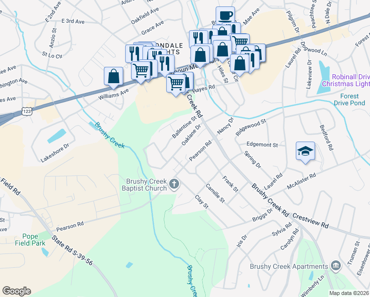 map of restaurants, bars, coffee shops, grocery stores, and more near 113 Oaklane Drive in Easley