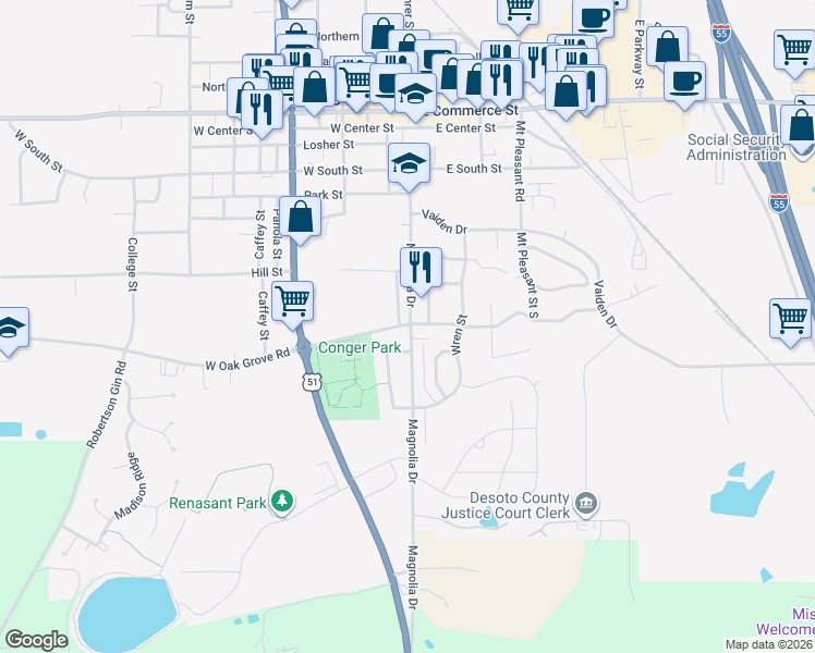 map of restaurants, bars, coffee shops, grocery stores, and more near 17 East Oak Grove Road in Hernando
