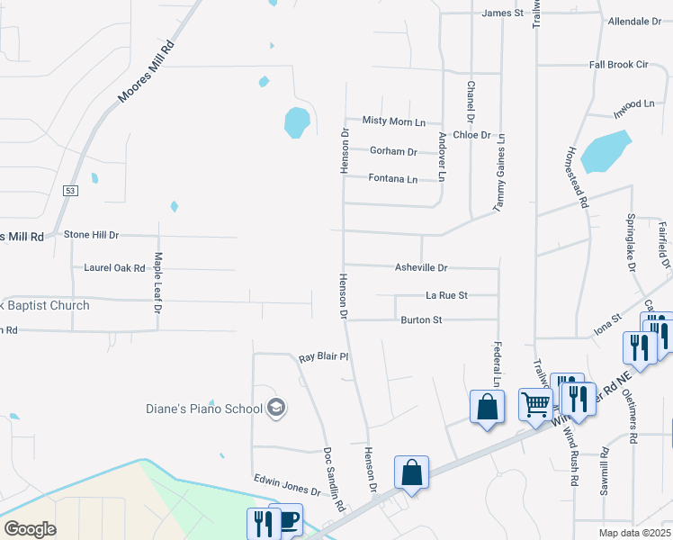 map of restaurants, bars, coffee shops, grocery stores, and more near 154 Henson Drive in Huntsville