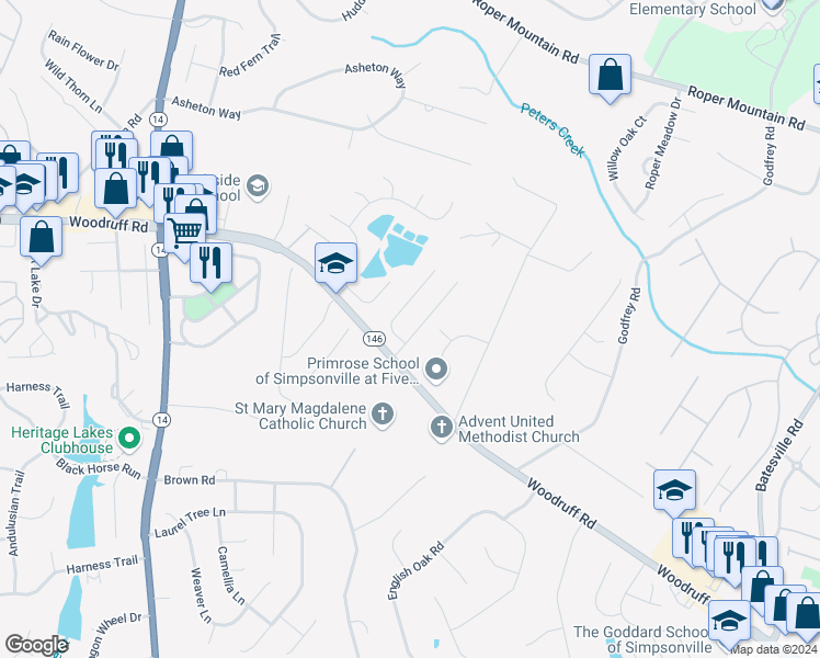map of restaurants, bars, coffee shops, grocery stores, and more near 7 Glencove Court in Simpsonville
