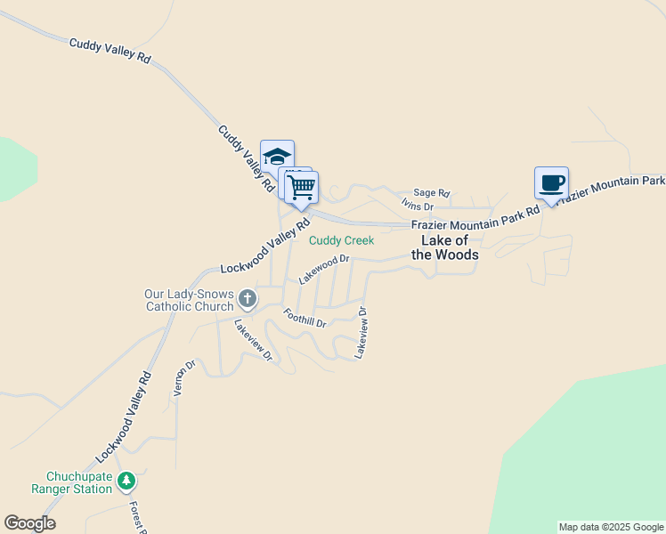 map of restaurants, bars, coffee shops, grocery stores, and more near 6904 Lakewood Drive in Frazier Park