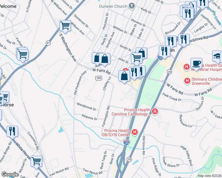 map of restaurants, bars, coffee shops, grocery stores, and more near 13 Farmington Road in Greenville