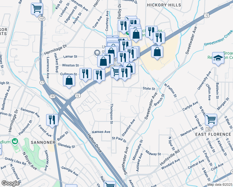 map of restaurants, bars, coffee shops, grocery stores, and more near 1602 State Street in Florence