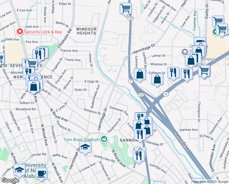 map of restaurants, bars, coffee shops, grocery stores, and more near 1154 Hermitage Drive in Florence