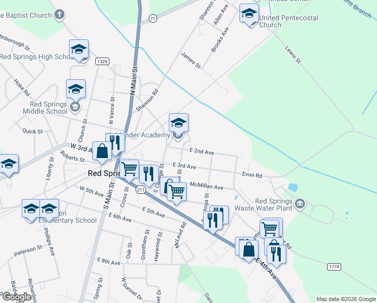 map of restaurants, bars, coffee shops, grocery stores, and more near 406 East 2nd Avenue in Red Springs