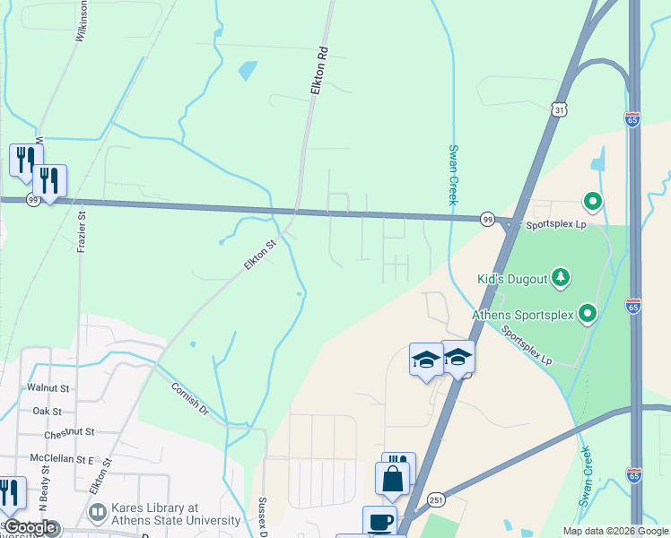 map of restaurants, bars, coffee shops, grocery stores, and more near 1113 Garrett Drive in Athens