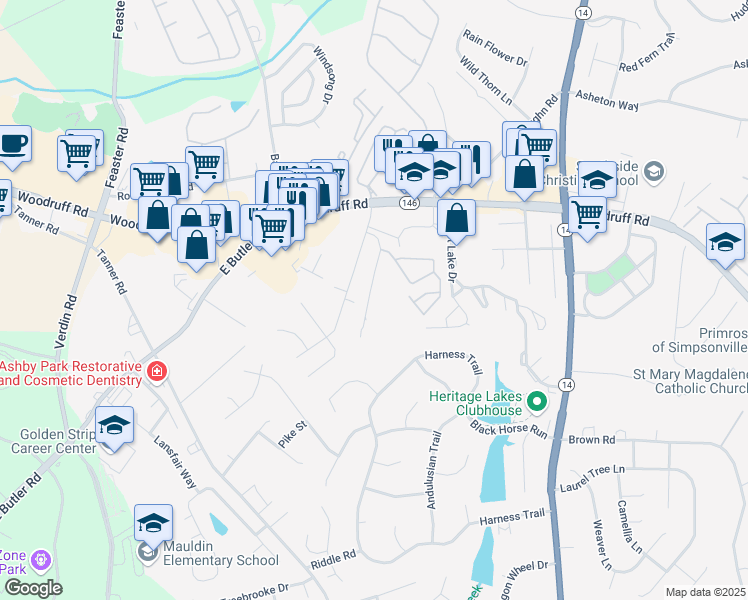 map of restaurants, bars, coffee shops, grocery stores, and more near 34 Southpointe Drive in Greenville