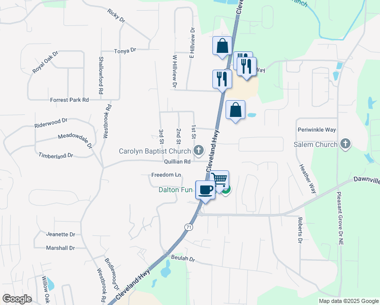 map of restaurants, bars, coffee shops, grocery stores, and more near 2305 Cleveland Highway in Dalton