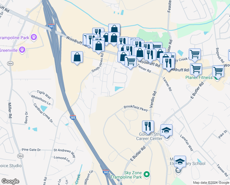 map of restaurants, bars, coffee shops, grocery stores, and more near 330 Easterlin Way in Greenville