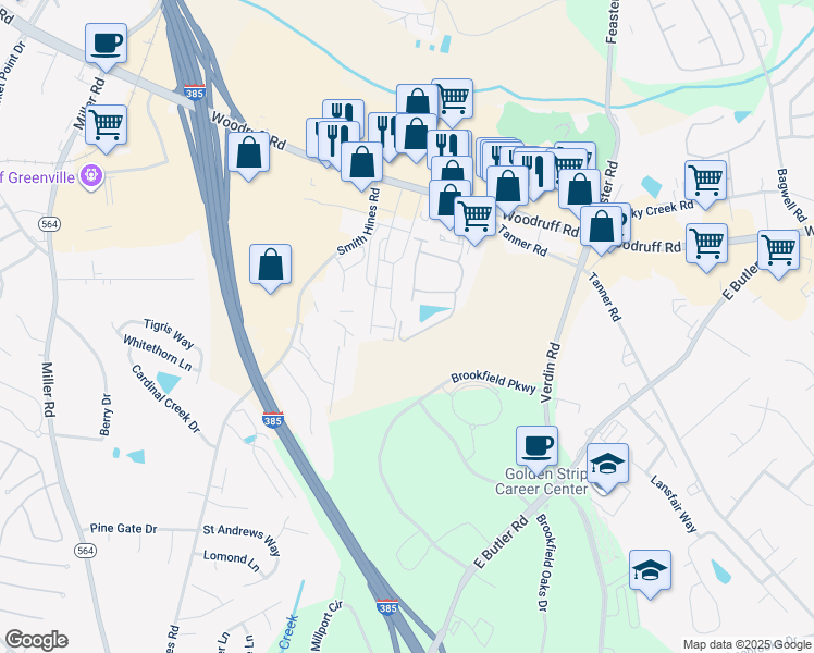 map of restaurants, bars, coffee shops, grocery stores, and more near 358 Easterlin Way in Greenville