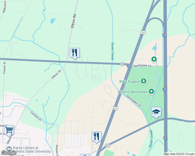 map of restaurants, bars, coffee shops, grocery stores, and more near 501 Swan Drive in Athens