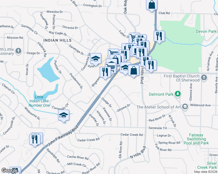 map of restaurants, bars, coffee shops, grocery stores, and more near 6704 Navajo Trail in North Little Rock