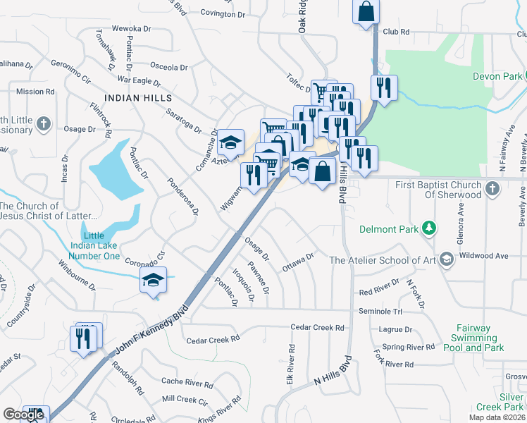 map of restaurants, bars, coffee shops, grocery stores, and more near 6704 Navajo Trail in North Little Rock