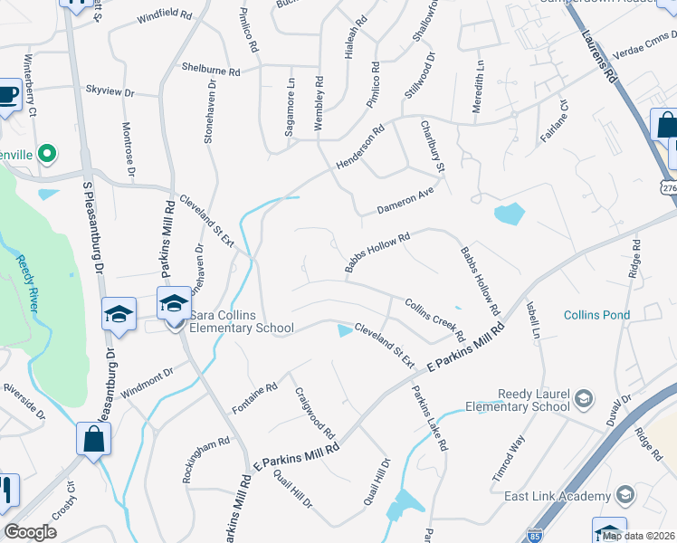 map of restaurants, bars, coffee shops, grocery stores, and more near 205 Collins Creek Road in Greenville
