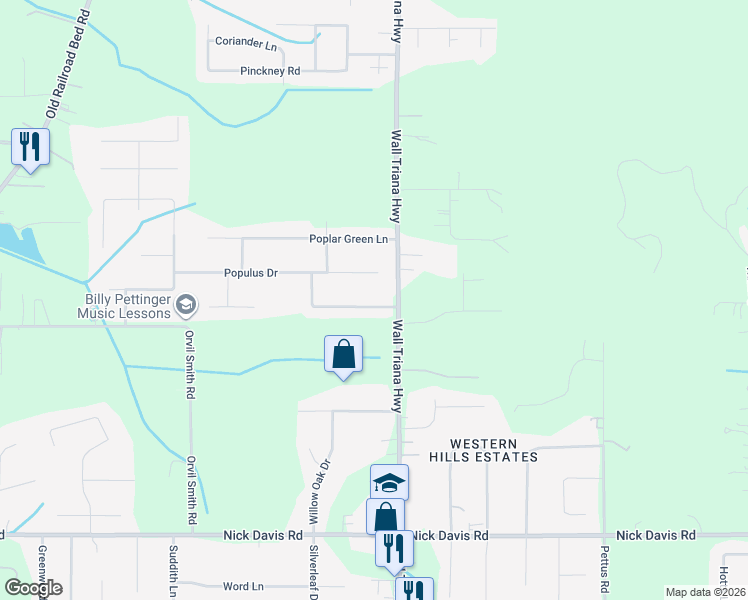 map of restaurants, bars, coffee shops, grocery stores, and more near 123 Yellow Poplar Lane in Harvest