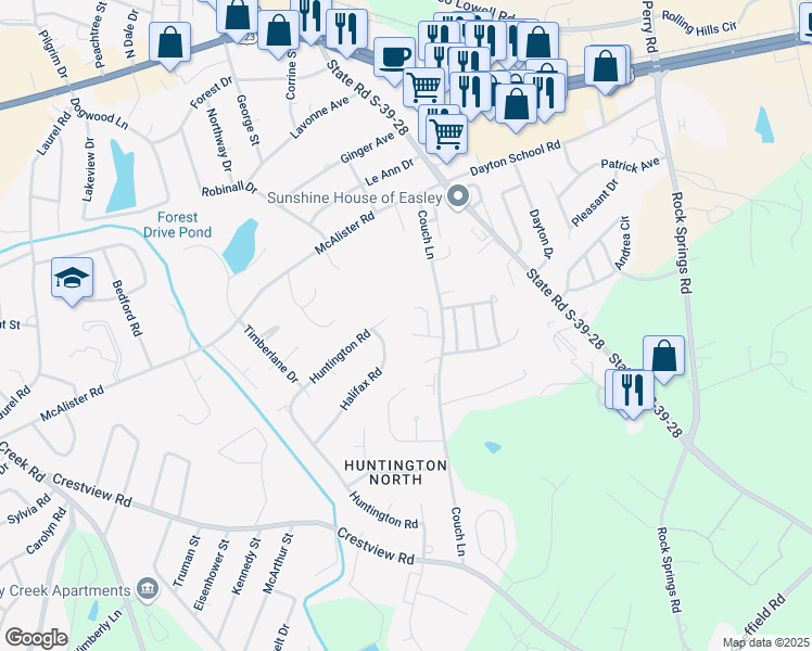 map of restaurants, bars, coffee shops, grocery stores, and more near 126 Halifax Road in Easley