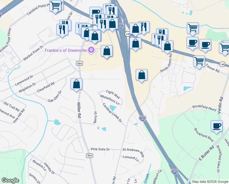 map of restaurants, bars, coffee shops, grocery stores, and more near 24 Tigris Way in Greenville
