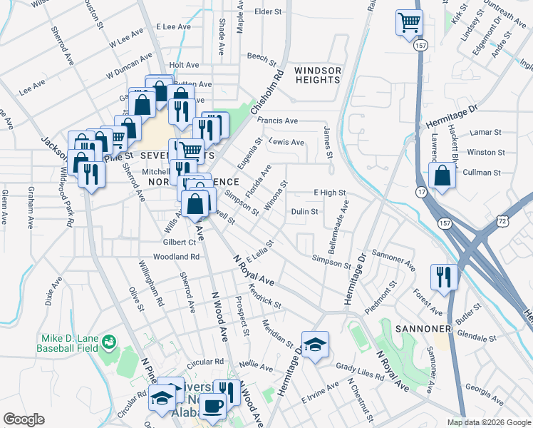 map of restaurants, bars, coffee shops, grocery stores, and more near 502 Simpson Street in Florence