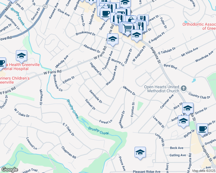 map of restaurants, bars, coffee shops, grocery stores, and more near 403 Waccamaw Avenue in Greenville