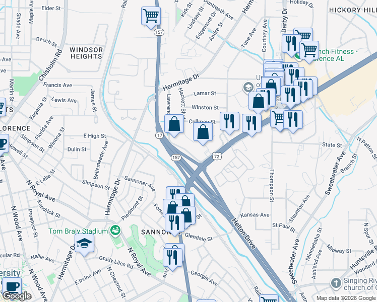 map of restaurants, bars, coffee shops, grocery stores, and more near 1220 Helton Drive in Florence