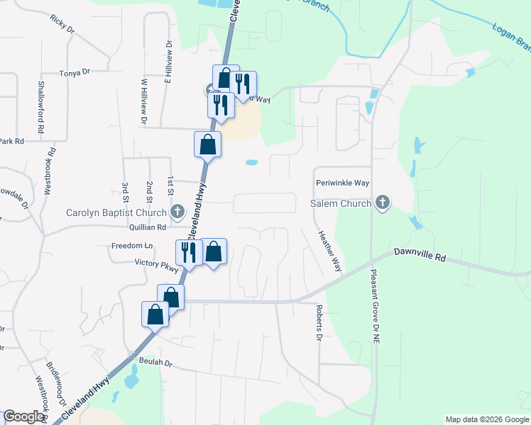map of restaurants, bars, coffee shops, grocery stores, and more near 3072 Striplin Trail in Dalton