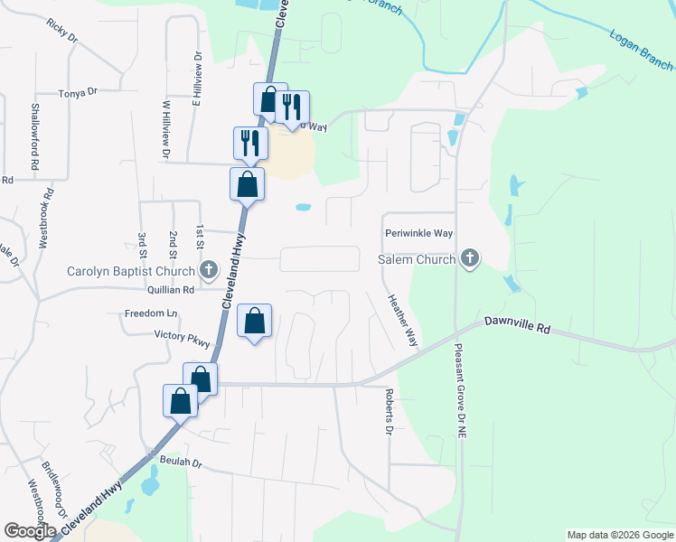 map of restaurants, bars, coffee shops, grocery stores, and more near 3072 Striplin Trail in Dalton