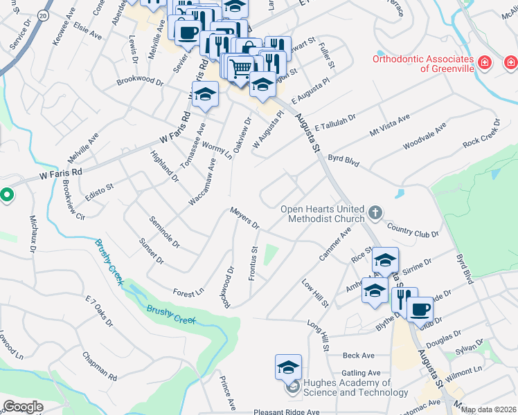 map of restaurants, bars, coffee shops, grocery stores, and more near 130 Augusta Court in Greenville