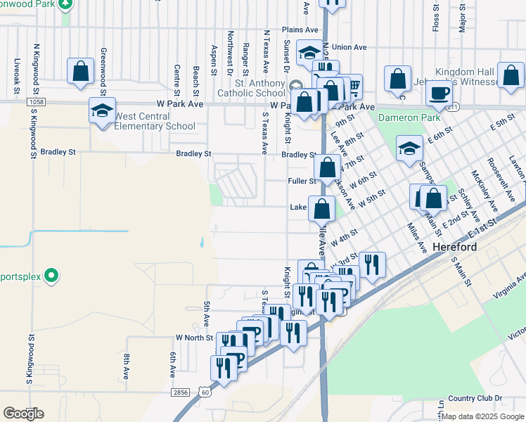 map of restaurants, bars, coffee shops, grocery stores, and more near 301 Lake Street in Hereford
