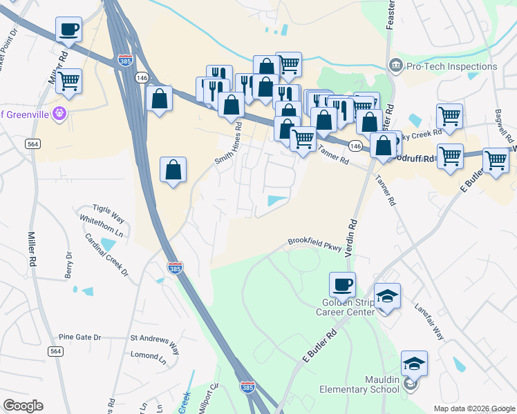 map of restaurants, bars, coffee shops, grocery stores, and more near 358 Easterlin Way in Greenville