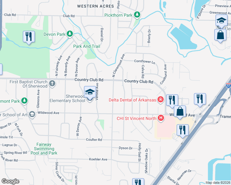 map of restaurants, bars, coffee shops, grocery stores, and more near 206 South Claremont Avenue in Sherwood