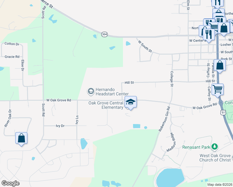 map of restaurants, bars, coffee shops, grocery stores, and more near 974 West Oak Grove Road in Hernando
