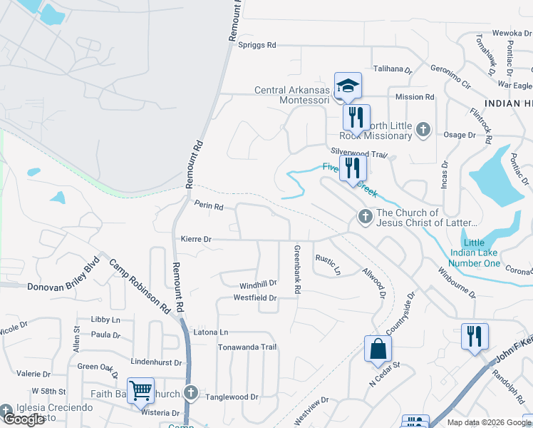 map of restaurants, bars, coffee shops, grocery stores, and more near 36 Perin Road in North Little Rock