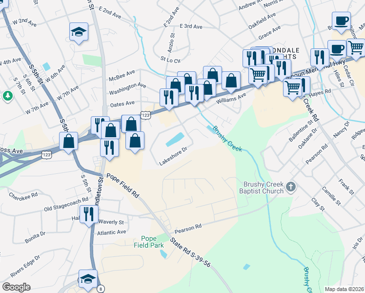 map of restaurants, bars, coffee shops, grocery stores, and more near 136 Lakeshore Drive in Easley