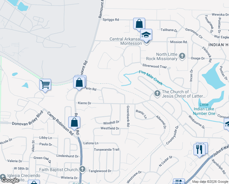 map of restaurants, bars, coffee shops, grocery stores, and more near 36 Perin Road in North Little Rock