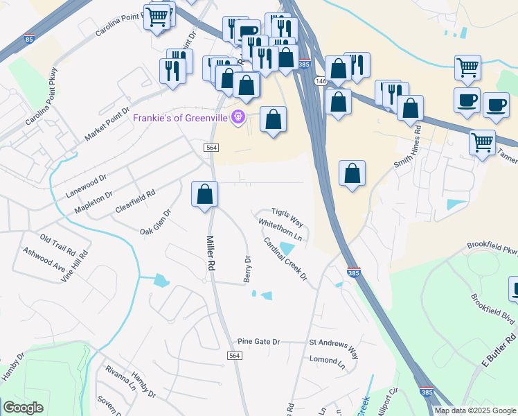 map of restaurants, bars, coffee shops, grocery stores, and more near 3 Tigris Way in Greenville