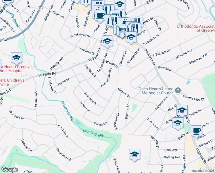 map of restaurants, bars, coffee shops, grocery stores, and more near 403 Waccamaw Avenue in Greenville