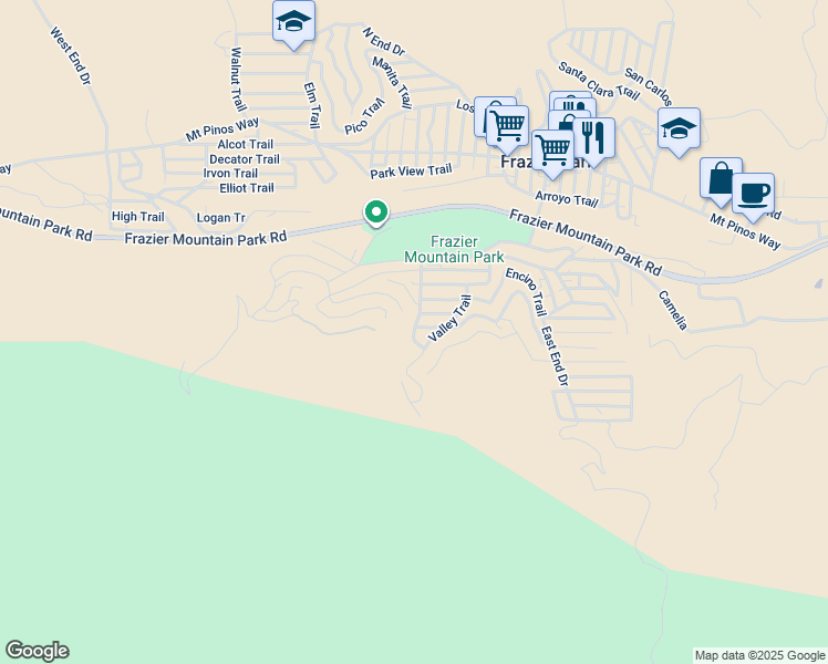 map of restaurants, bars, coffee shops, grocery stores, and more near Pine Canyon Road in Frazier Park