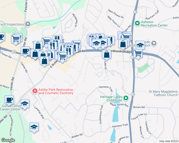 map of restaurants, bars, coffee shops, grocery stores, and more near 23 Southpointe Drive in Greenville