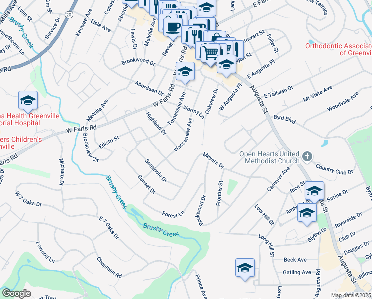 map of restaurants, bars, coffee shops, grocery stores, and more near 403 Waccamaw Avenue in Greenville