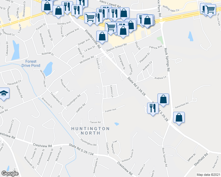 map of restaurants, bars, coffee shops, grocery stores, and more near 104 Lennox Lane in Easley