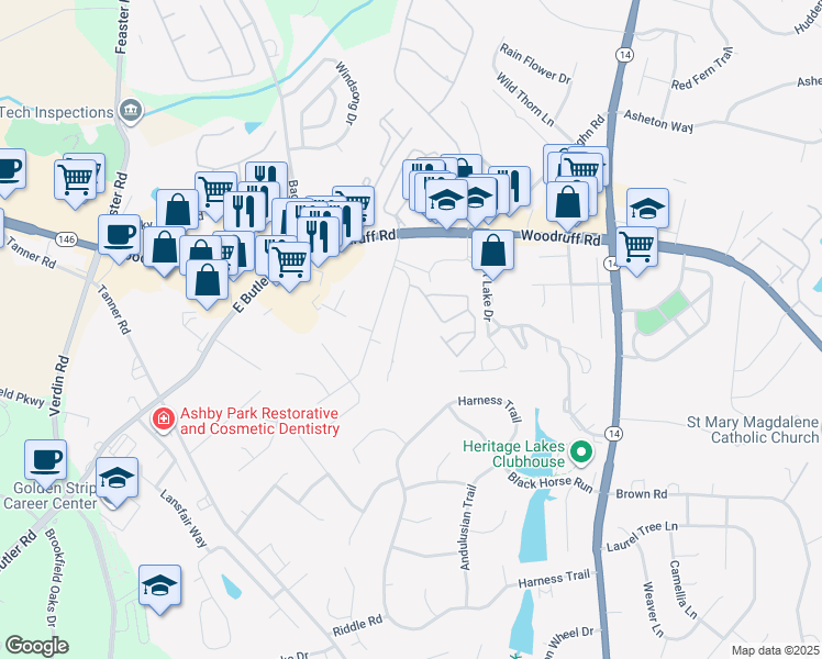 map of restaurants, bars, coffee shops, grocery stores, and more near 23 Southpointe Drive in Greenville