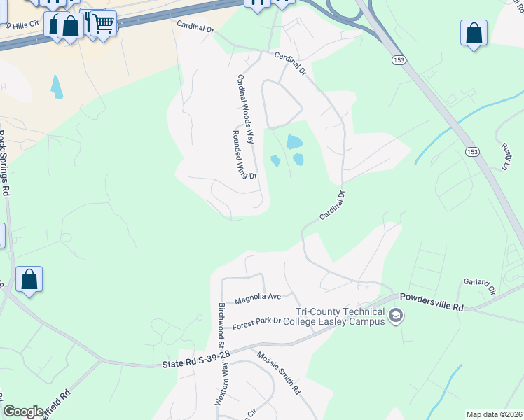 map of restaurants, bars, coffee shops, grocery stores, and more near 717 Cardinal Woods Way in Easley