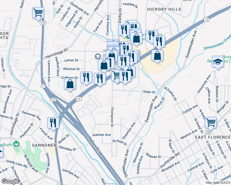 map of restaurants, bars, coffee shops, grocery stores, and more near 1602 State Street in Florence