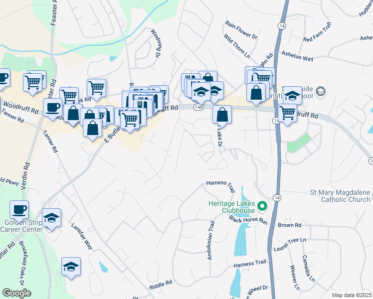 map of restaurants, bars, coffee shops, grocery stores, and more near 34 Southpointe Drive in Greenville
