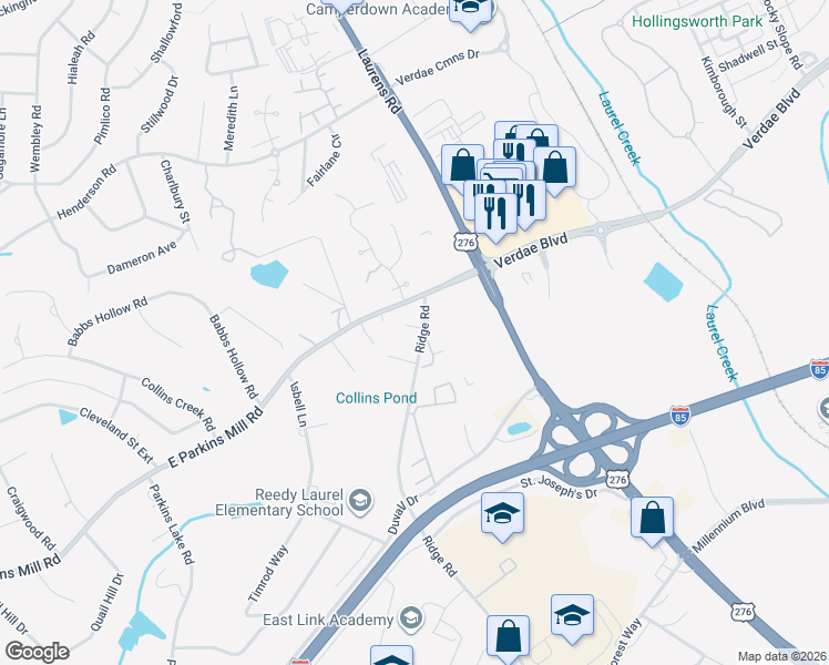 map of restaurants, bars, coffee shops, grocery stores, and more near 8 Parkins Place in Greenville
