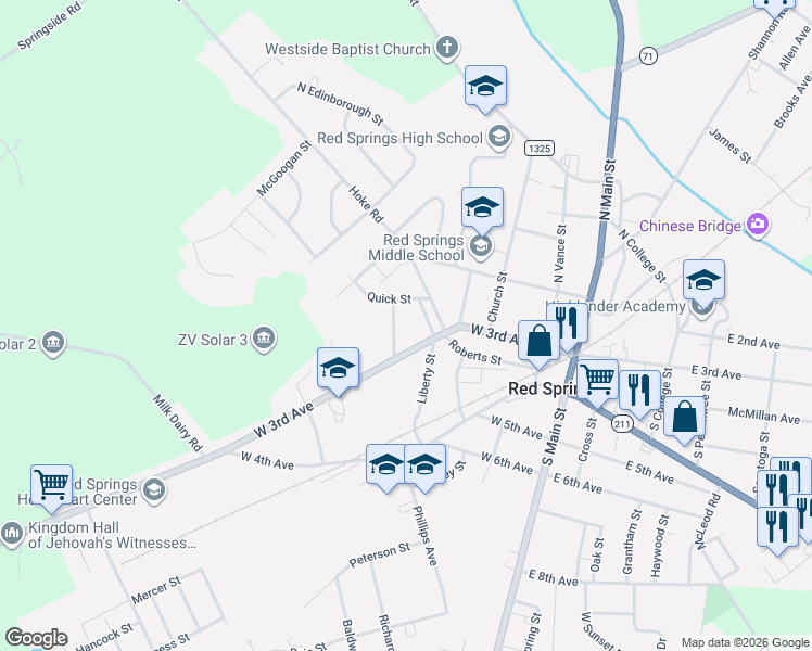 map of restaurants, bars, coffee shops, grocery stores, and more near in Red Springs