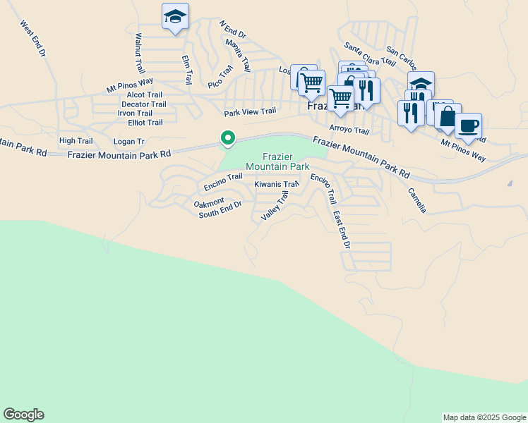 map of restaurants, bars, coffee shops, grocery stores, and more near 238 Pine Canyon Road in Frazier Park